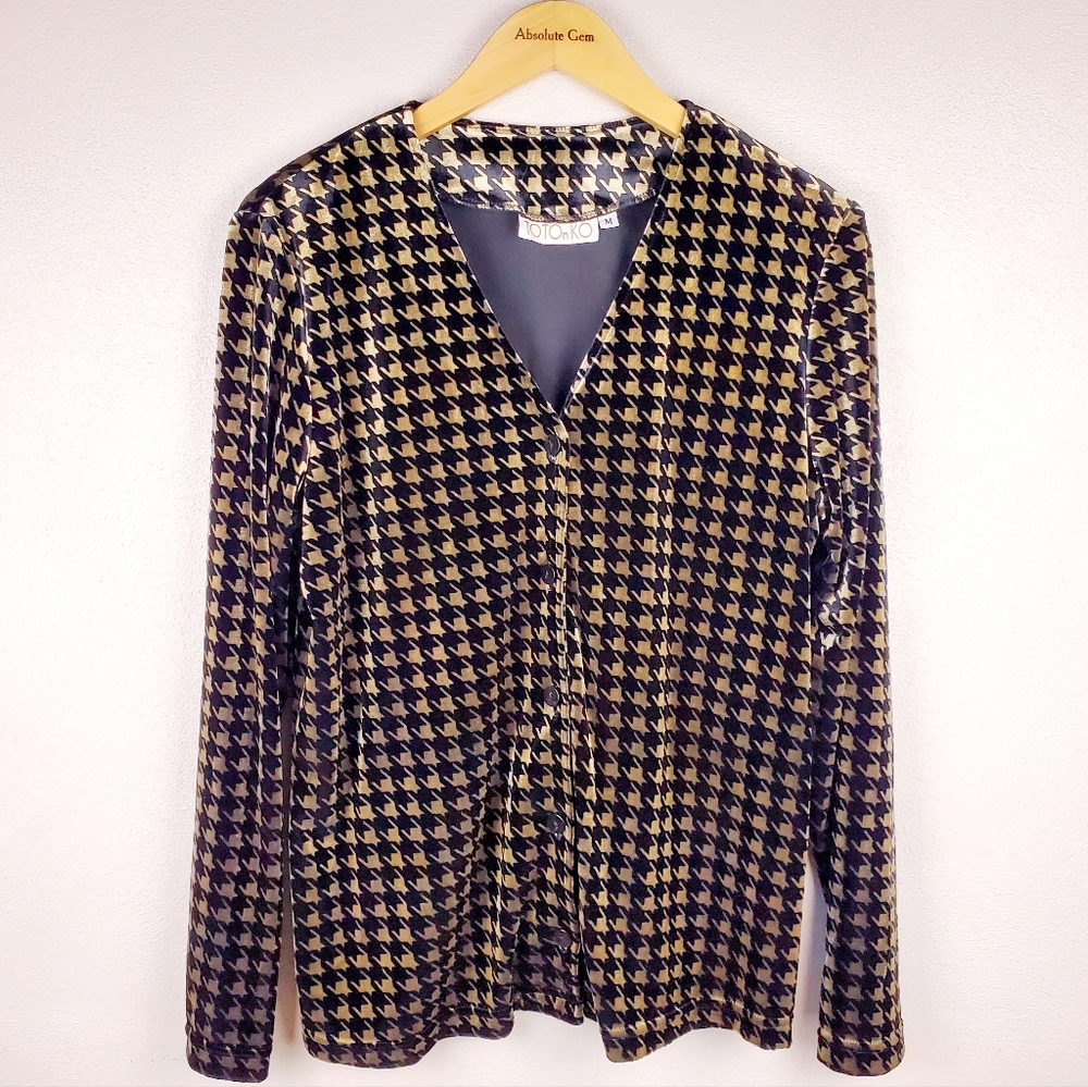Vintage TOTOnKO Tan Brown Black Houndstooth Button Up Blouse Top Soft Velvety M